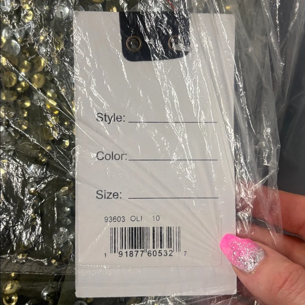 NWT Mac Duggal Size 10 Olive Green Sequined High Neck Sleeveless Column Gown - Picture 7 of 10